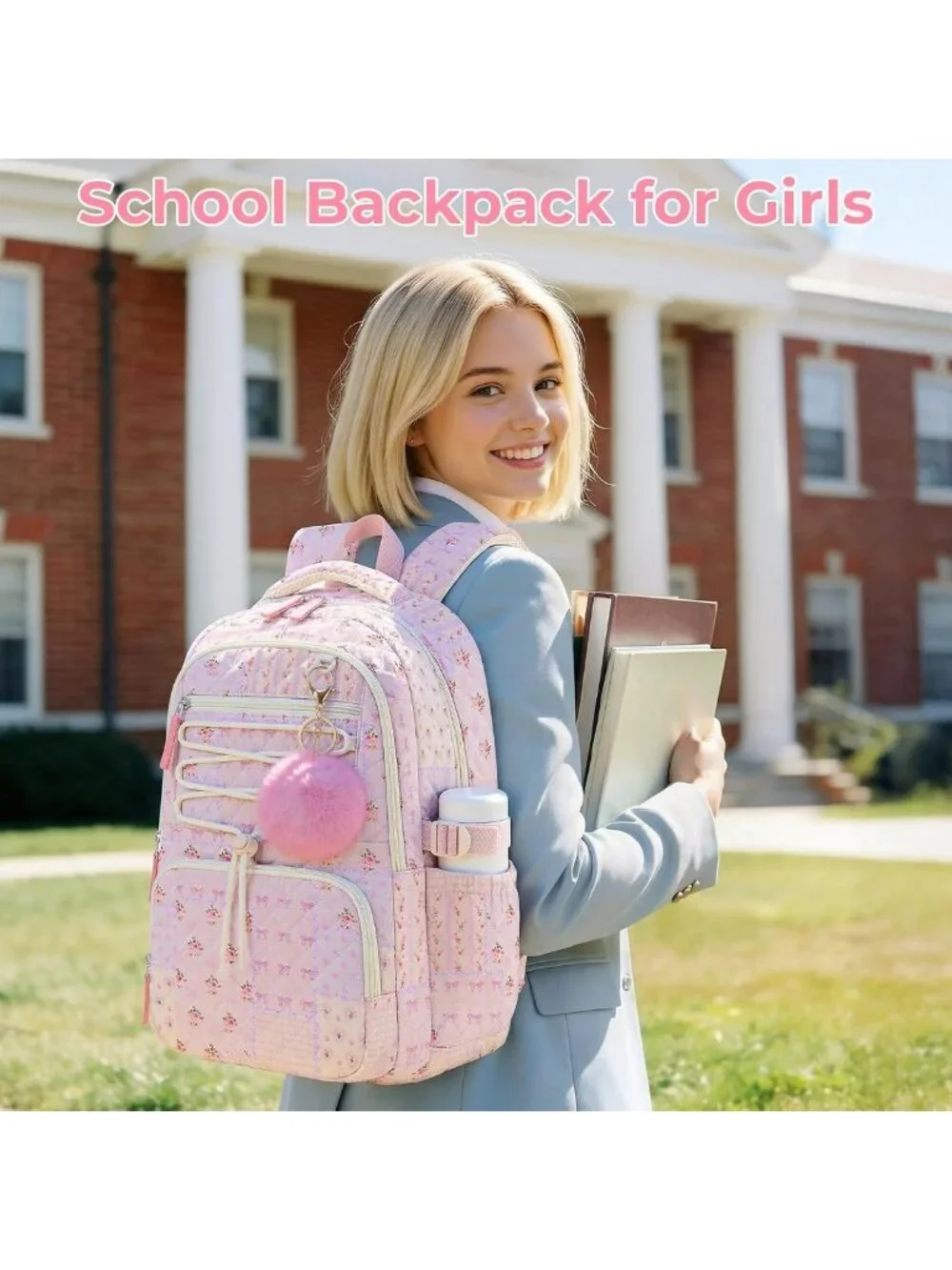 Cute Quilted Backpack for Girls, Lightweight Multi-Pocket Bookbag for School